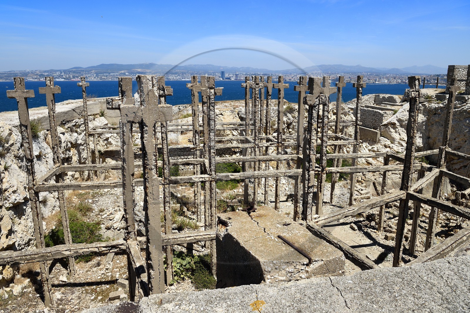 France, Bouches du Rhone, Marseille, Calanques National Park, archipelago of Frioul islands, Ratonneau island, Ratonneau Fort, pseudo field of crosses, vestige of structures of German casemate for canon whose construction was interrupted by the end of the war