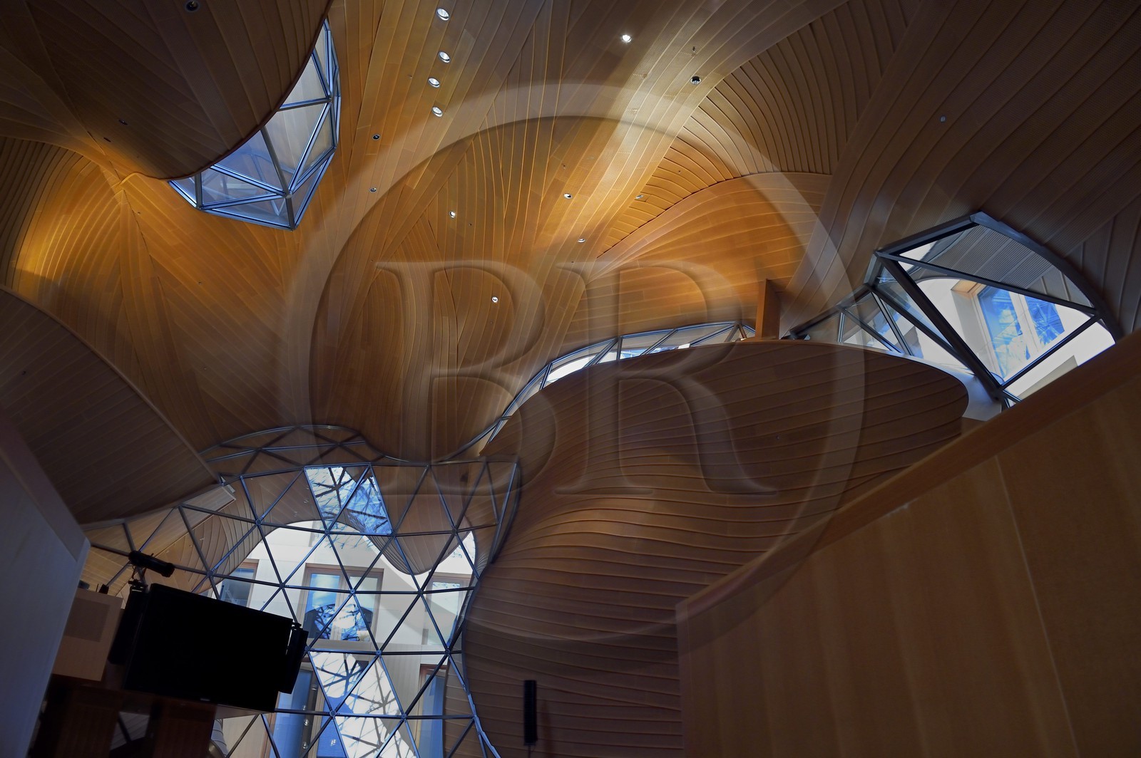 Allemagne, Berlin, Pariser Platz, siège de la DZ Bank (anciennement DG Bank), vaste atrium dessiné par l'architecte Franck Gehry avec son immense sculpture en acier qui abrite une salle de conférences