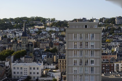 France, Seine Maritime, Le Havre, Downtown rebuilt by Auguste Perret listed as World Heritage by UNESCO, Perret buildings in front of the town of Sainte-Adresse