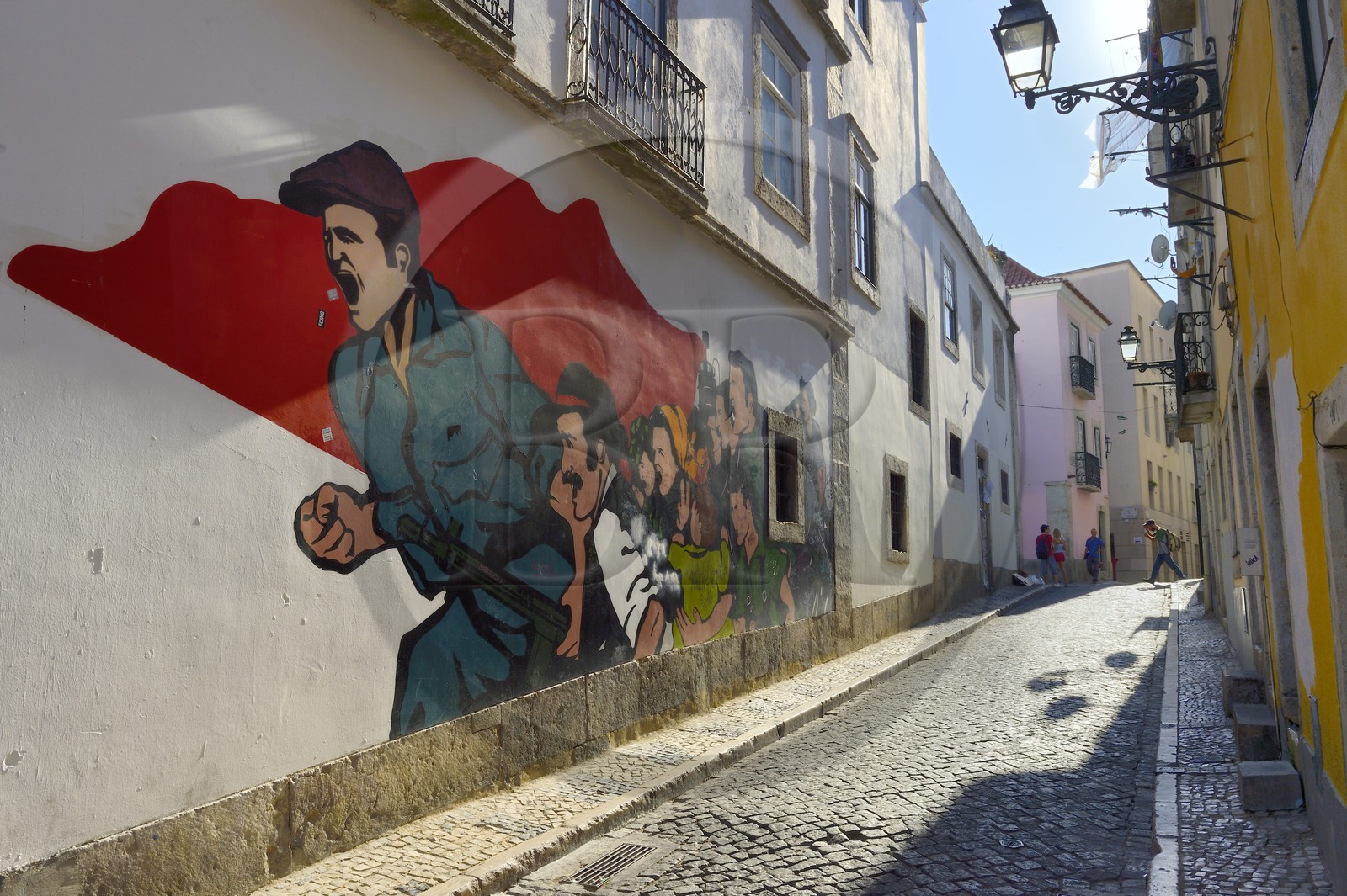 Portugal, Lisbon, Bairro Alto district, revolutionary fresco in the street Travessa dos Fieis de Deus
