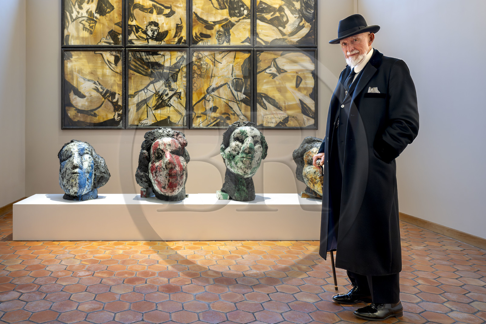 France, Paris, Musée Maillol art museum, German painter and sculptor Markus Lüpertz during his exhibition in dialogue with the work of Aristide Maillol, painted bronzes and mixed media on paper