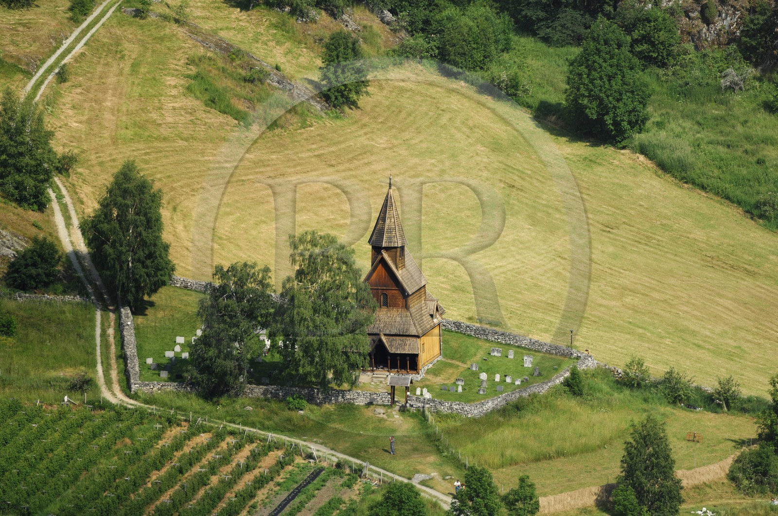 Norway, Sogn og Fjordane, Lujster fjord (Lustrafjord), Urnes wooden church (aerial view)