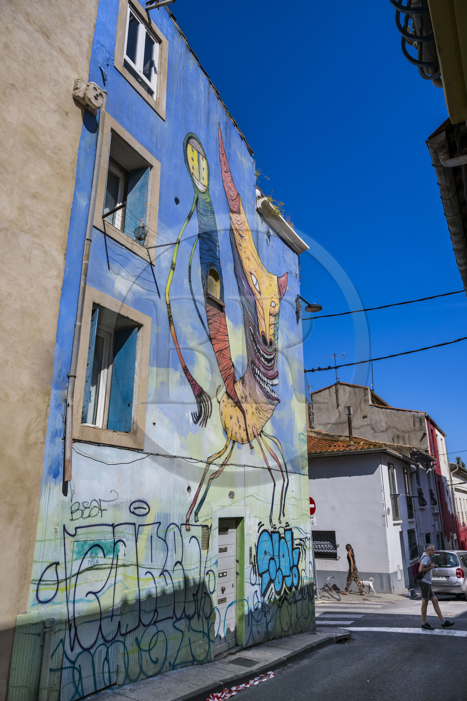 France, Hérault (34), Sète, le Quartier Haut, fresque murale qui fait parti du MACO - Musée à ciel ouvert, Mythologie de l'artiste Bault dans la rue Louis Blanc