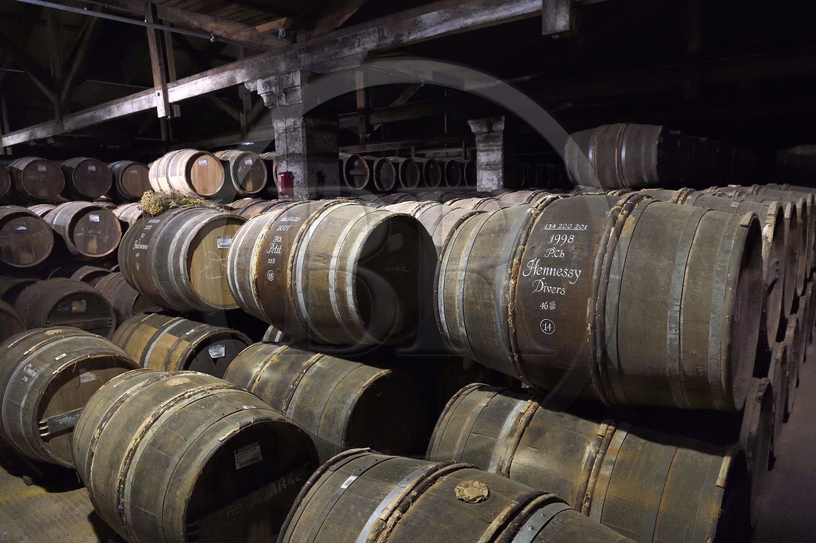 France, Charente, Cognac, barrels stored in Hennessy cognac House aging cellars