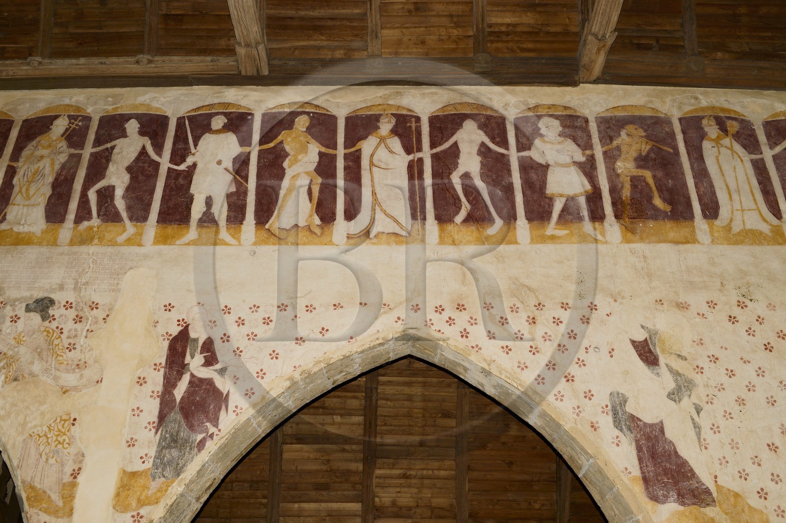 France, Côtes-d'Armor (22), Plouha, chapelle de Kermaria an Iskuit, fresque de la Danse macabre de la fin du XVème siècle