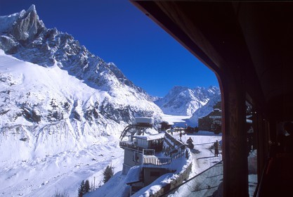 France, Haute Savoie, Chamonix valley, arrival with the rack railway at Mer de glace at the foot of Aiguille verte mountain (Mont Blanc), Montenvers station