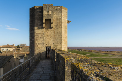 France, Gard, Aigues Mortes, Porte de l'Organeau tower and walkway on the south ramparts