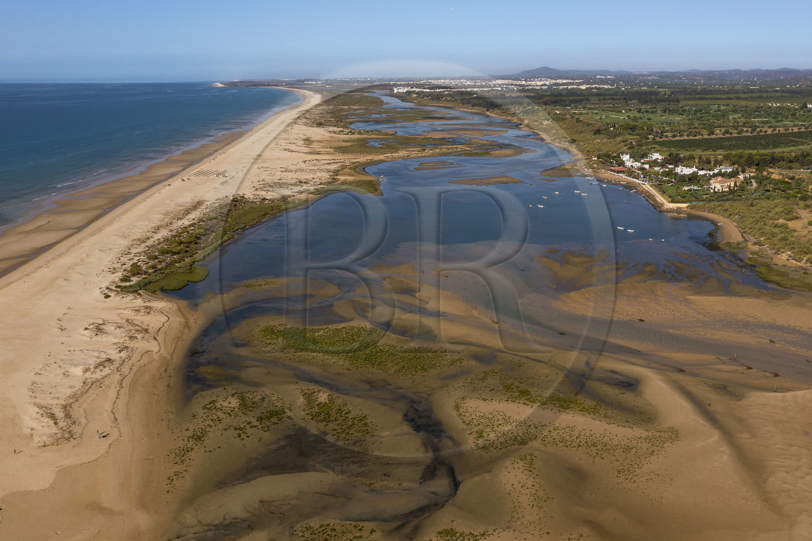 Portugal, Algarve, Ria Formosa Nature Park, Tavira, village of Cacela Velha beach (aerial view)
