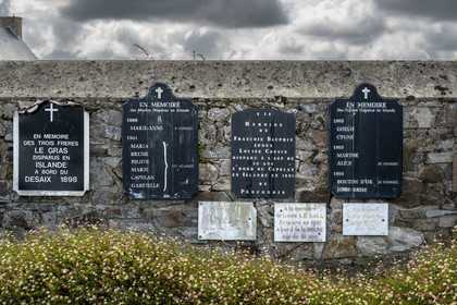 France, Cotes d'Armor, Ploubazlanec, the Wall of the Missing located within the Ploubazlanec cemetery evokes through commemorative plaques the some 120 schooners and 2000 sailors who disappeared during the cod fishing campaigns in the Icelandic Sea between 1852 and 1955