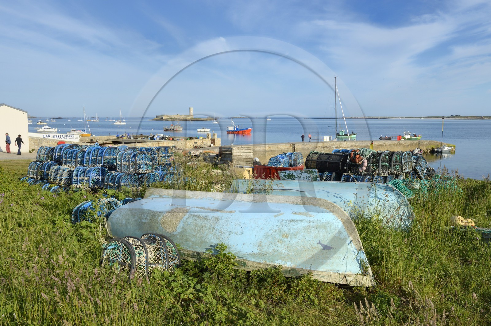 France, Finistere, La Foret Fouesnant, Glenan islands, St Nicolas Island, the port and Fort Cigogne on Cigogne Island in the background