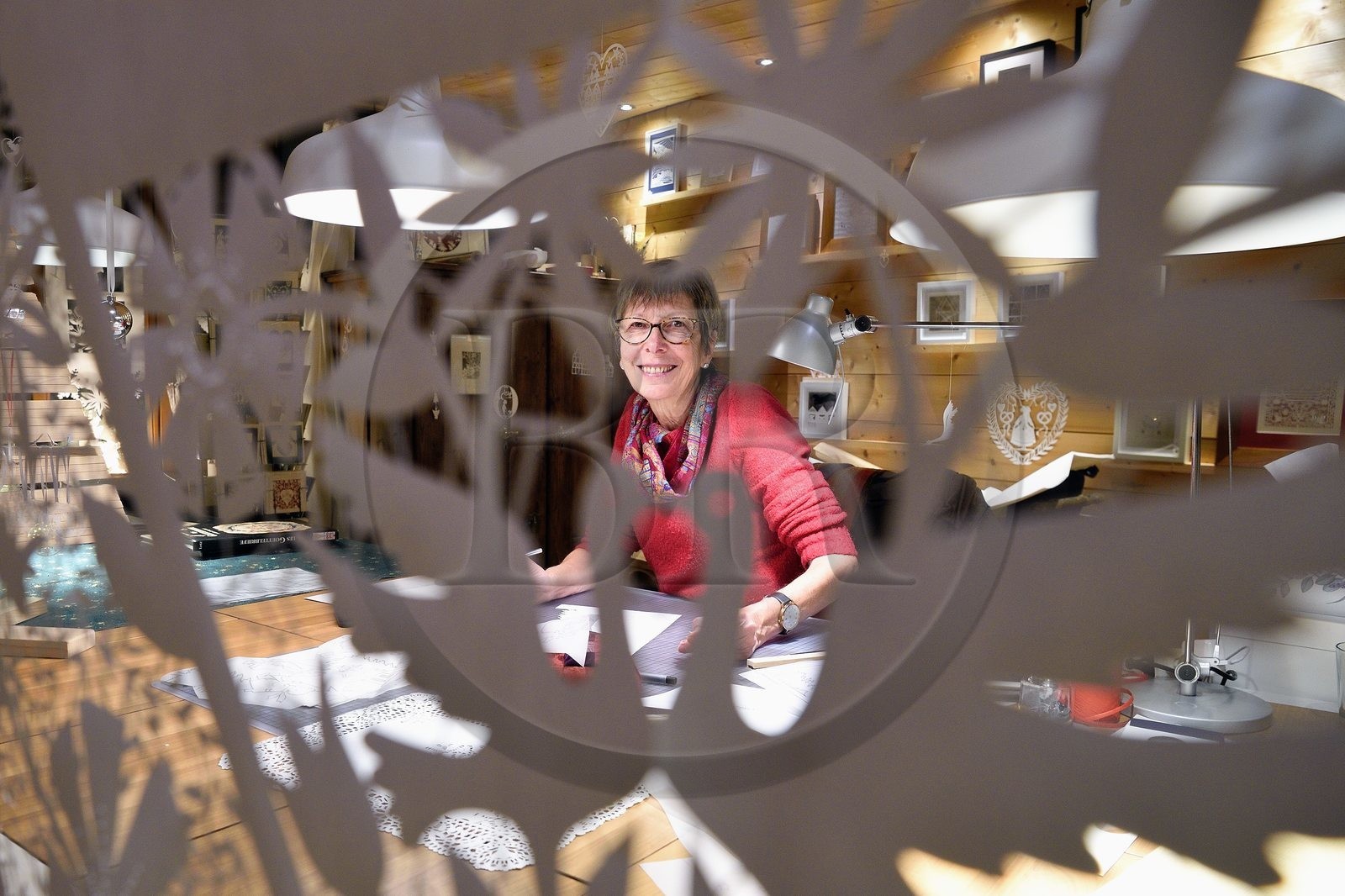 France, Bas Rhin, Bischwiller, the image maker Michèle Wagner has revived the papercutting (canivet) or the art of cut paper to stylize Christmas decorations in particular