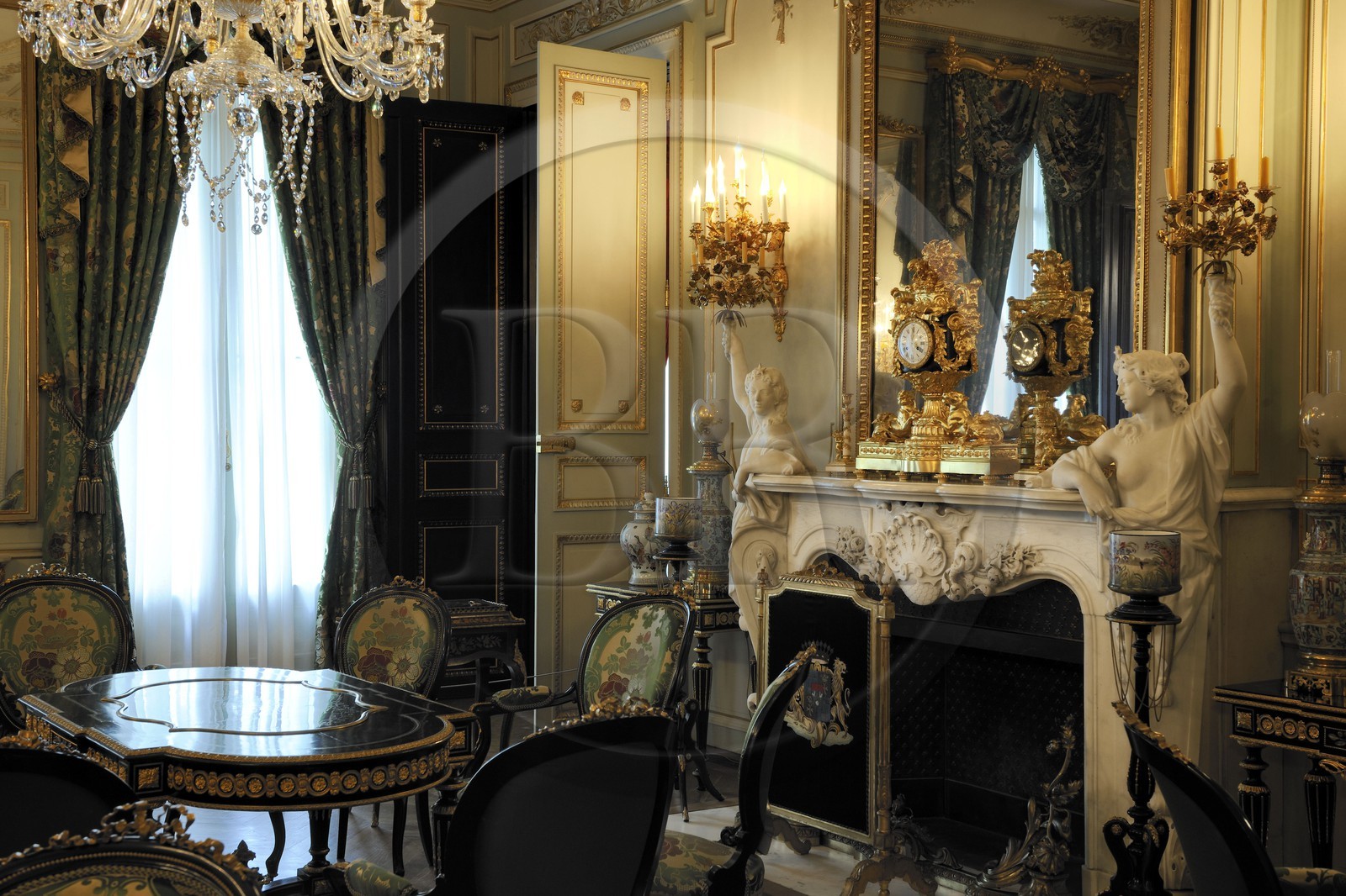 France, Herault, Montpellier, historical center, Fabre museum, Cabrieres Sabatier d'Espeyran mansion (hotel de Cabrieres Sabatier d'Espeyran), the Green Living-room and its Carrara marble fireplace, compulsory mention: managed by Montpellier Agglomeration