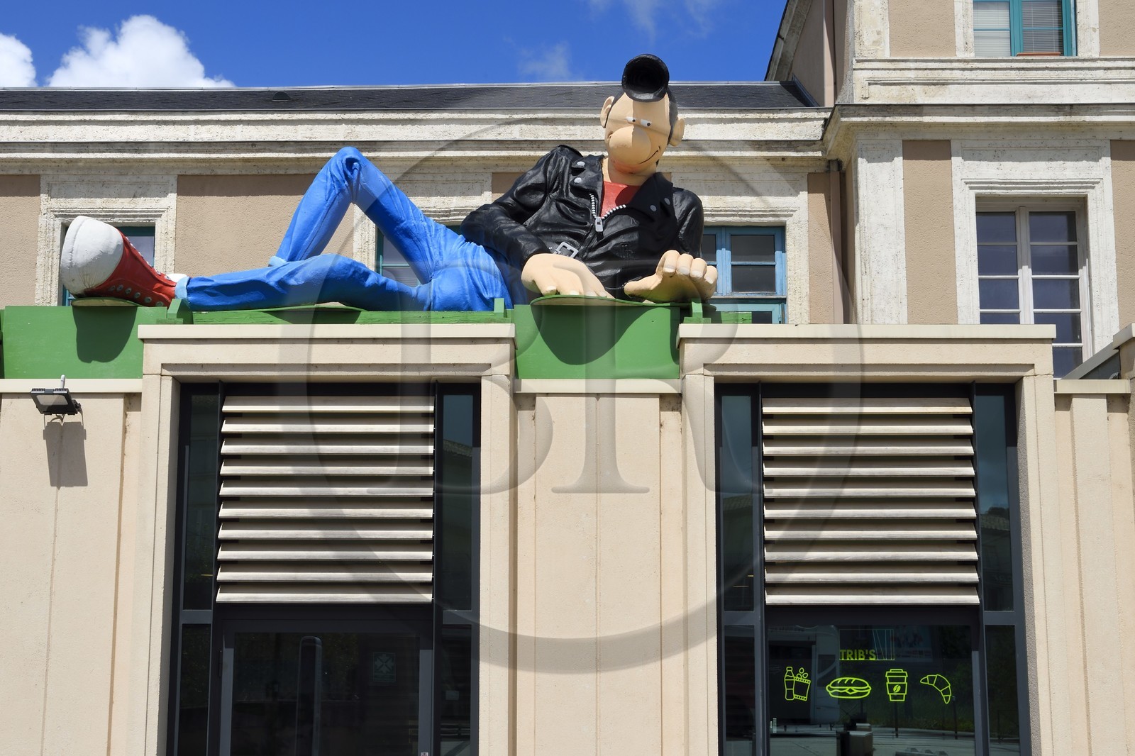 France, Charente, Angouleme, giant statue of Lucien the famous comic character of Frank Margerin at the train station