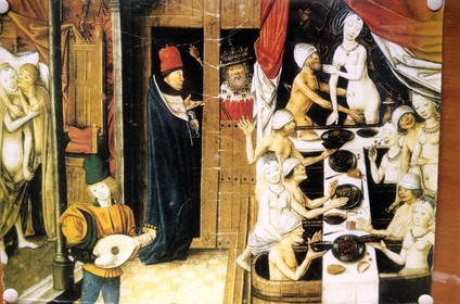 Belgium, West Flanders, Bruges (Brugge), painting representing a brothel of the city in the Middle Ages