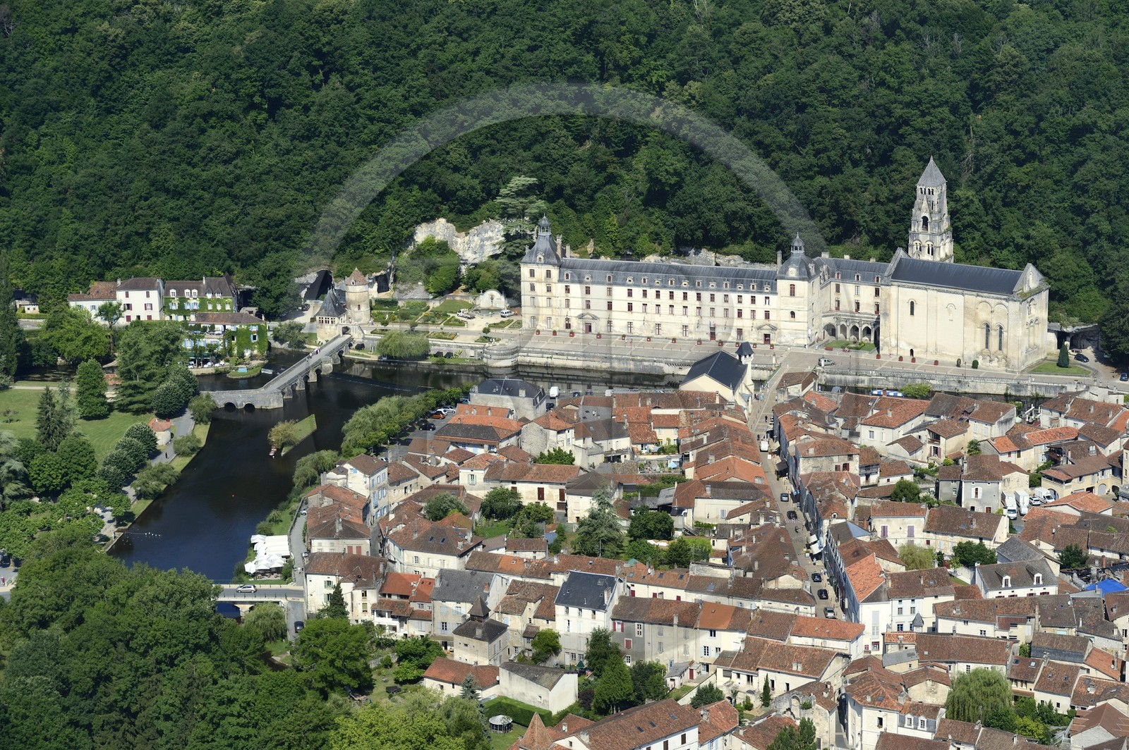 France, Dordogne, Brantome, Saint Pierre benedictine abbey along the Dronne river and the village (aerial view)