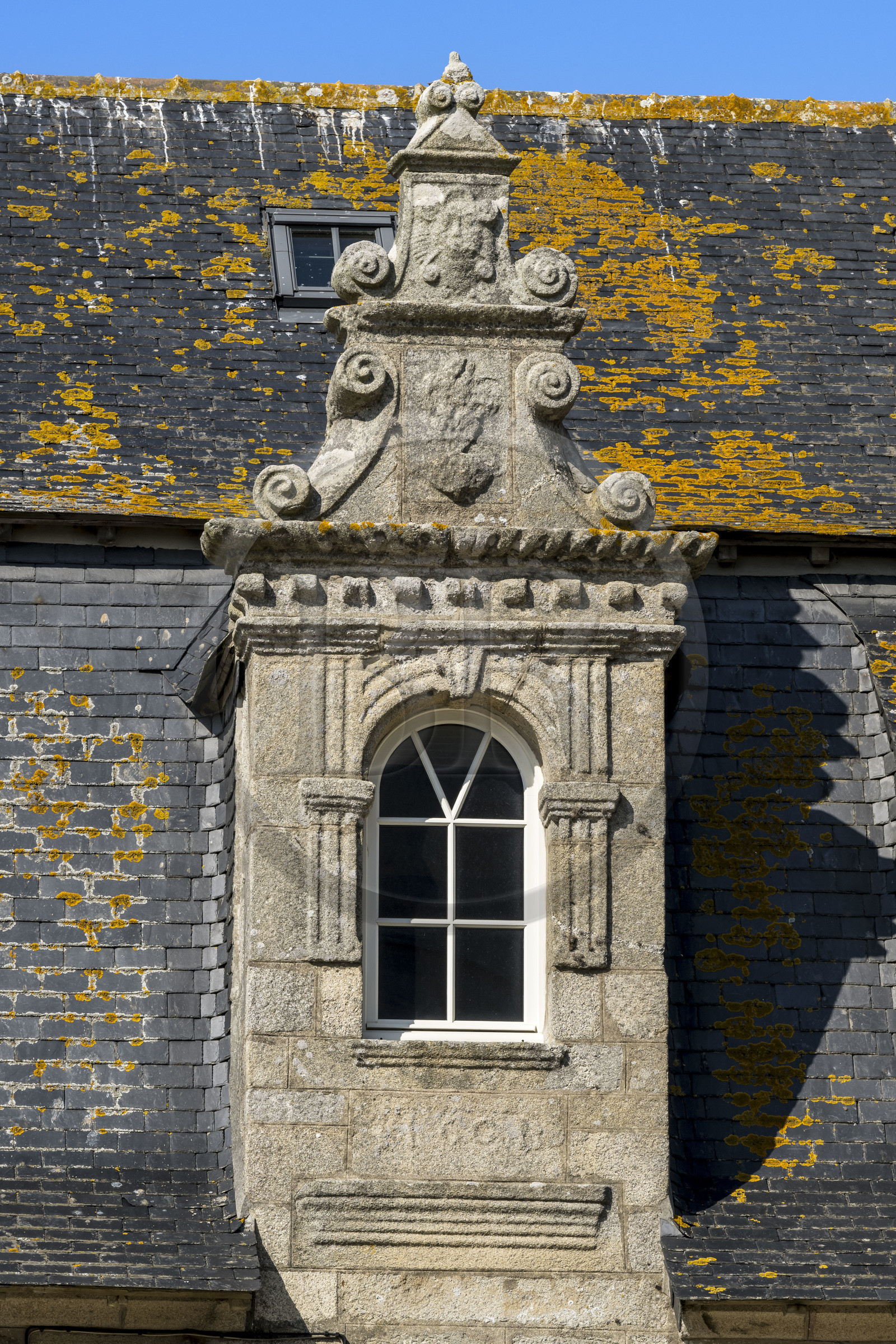 France, Finistère, Roscoff, carved dormer window of an old shipowner's house