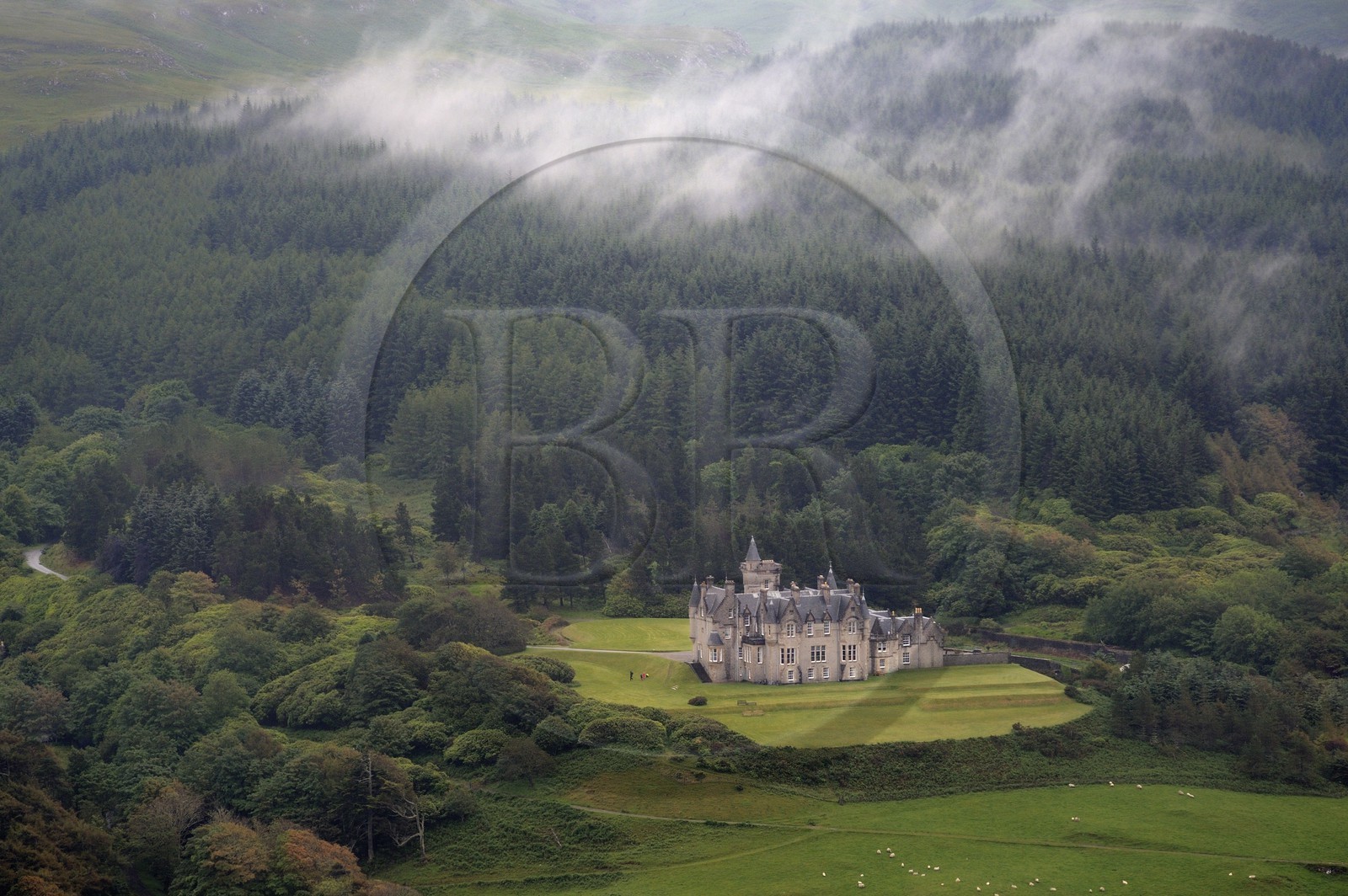 United Kingdom, Scotland, Highland, Inner Hebrides, Isle of Mull, Glengorm Castle by Tobermory (aerial view)