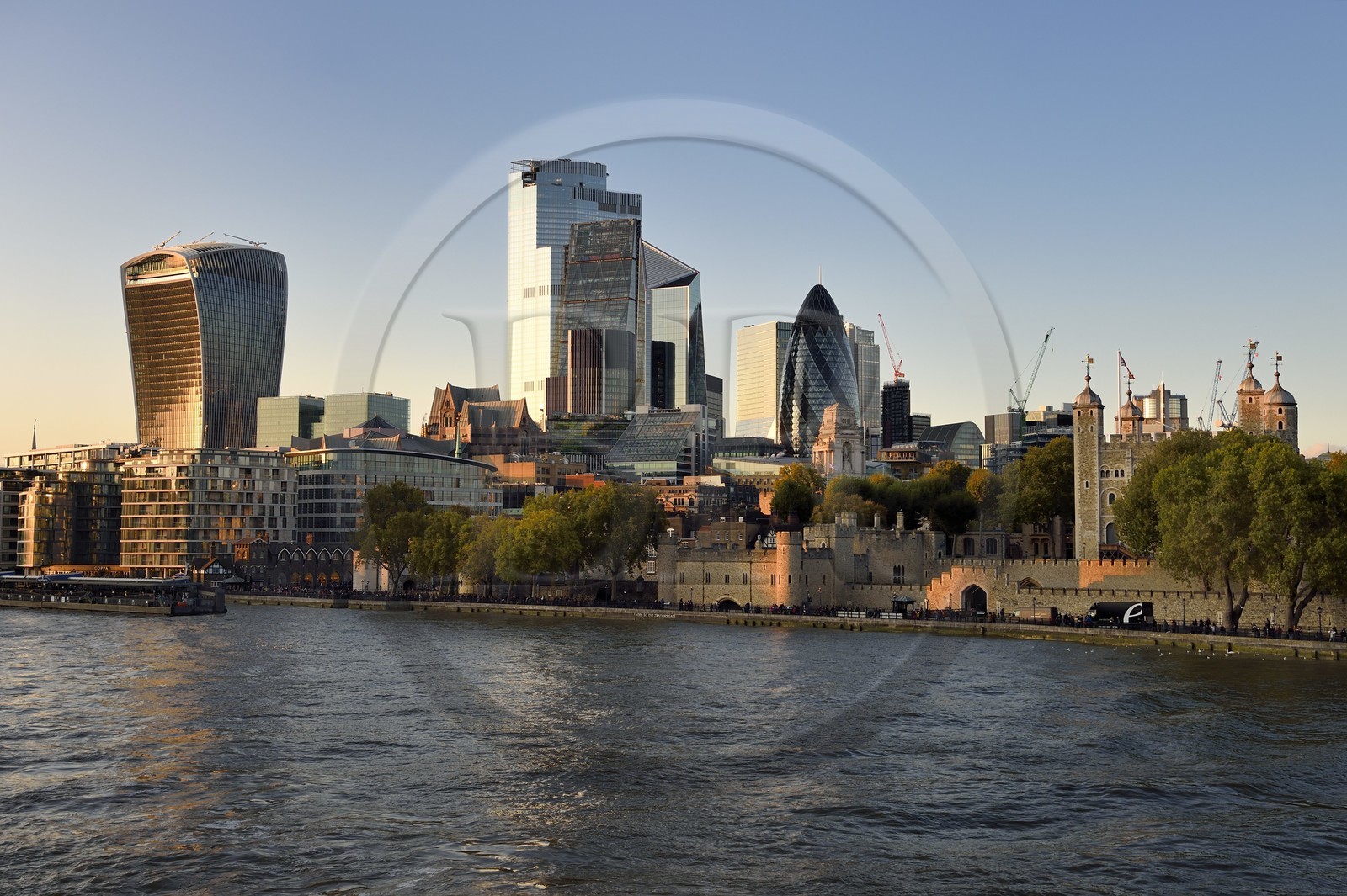 United Kingdom, London,  the River Thames, the Tower of London, the City with its skyscrapers, the tower known as the Walkie Talkie designed by architect Rafael Viñoly, Tower 30 St Mary Axe or Swiss Re Building also known as the gherkin designed by architect Norman Foster