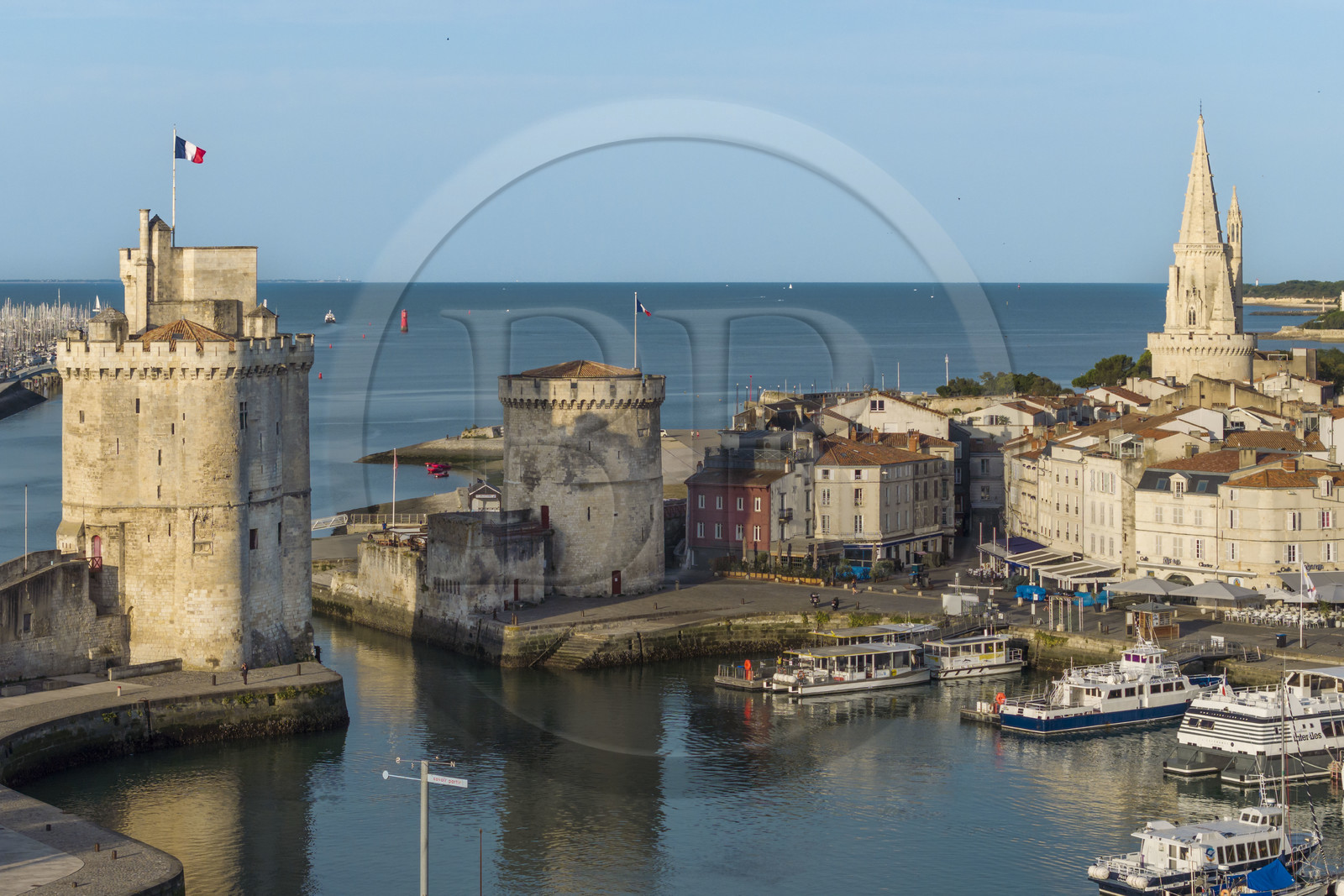 France, Charente Maritime, La Rochelle, the Old Port, Tour Saint Nicolas and Tour de la Chaine protect the entrance to the Old Port, the tour de la Lanterne in the background (aerial view)