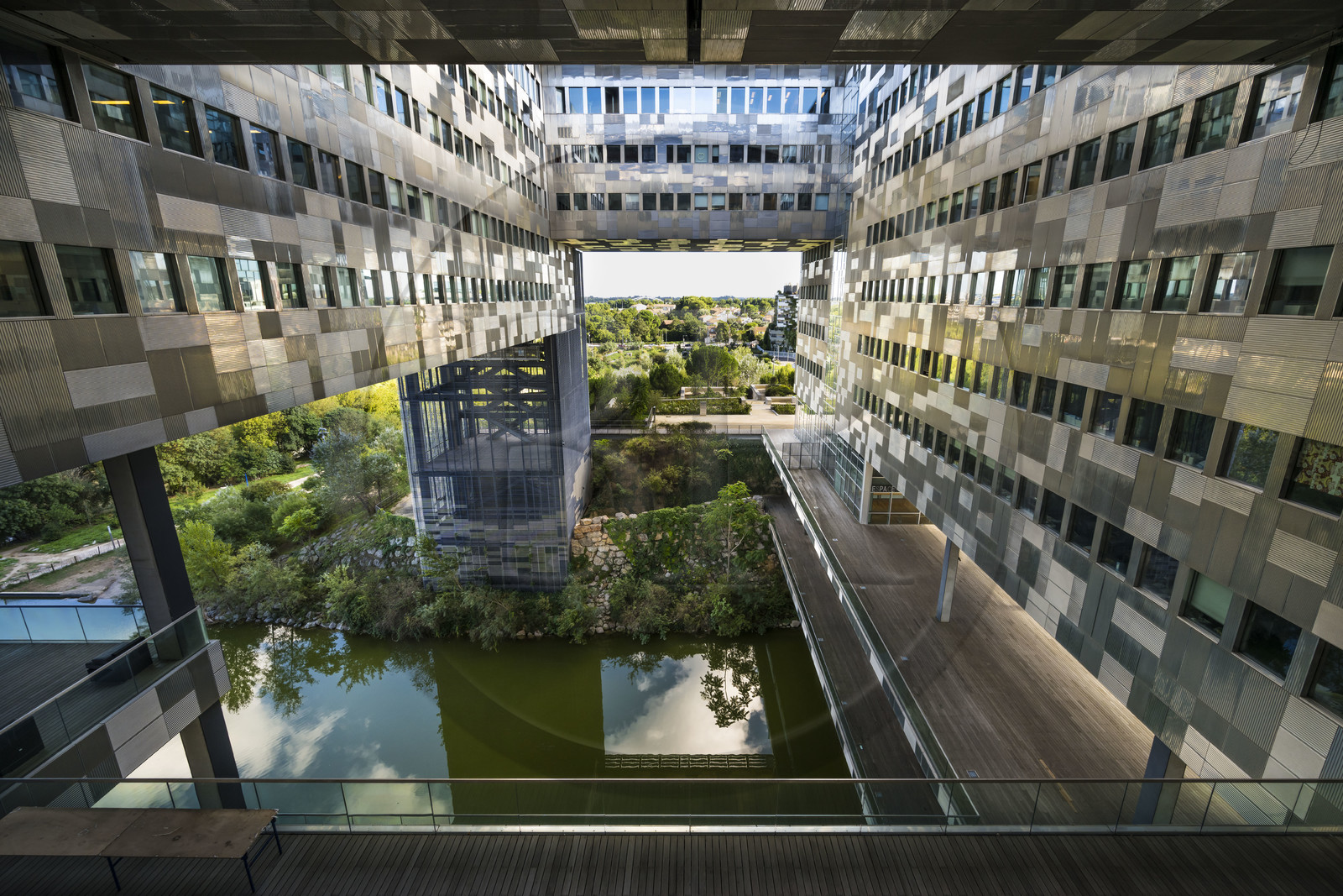France, Herault, Montpellier, Port Marianne district, the City Hall designed by architects Jean Nouvel and François Fontes, patio between water and sky