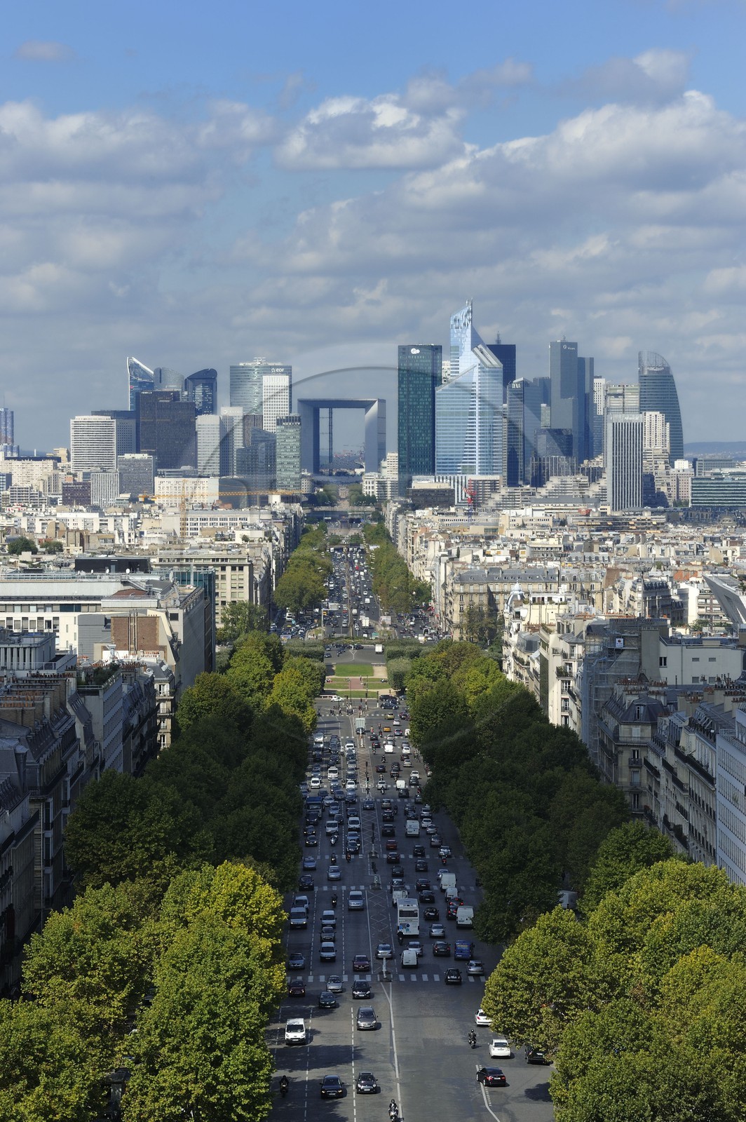 France, Paris, the royal axis from la Concorde to La Defense, avenue de la Grande Armee, seen from the top of the Triumphal Arch, the business district of La Defense and the Great Arch by architect Otto von Spreckelsen
