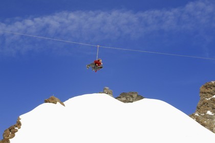 Switzerland, Canton of Bern, Bernese Oberland, Jungfrau Aletsch Bietschhorn (3 454 m) called the Top of Europe, listed as World Heritage by UNESCO, Zipline outdoor activity