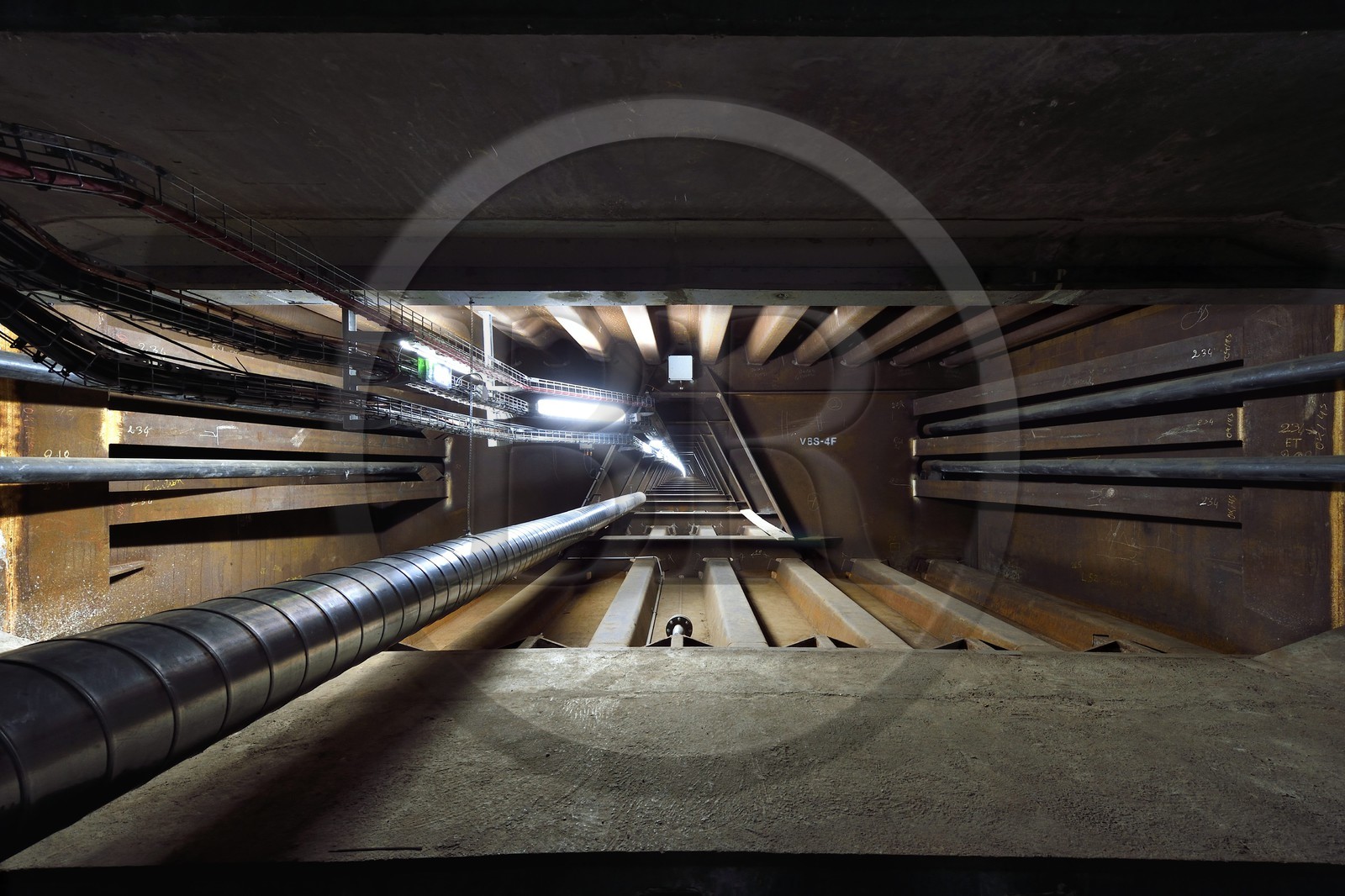 France, between  Calvados and Seine Maritime, the Pont de Normandie (Normandy Bridge), under the road at the connection of the prestressed concrete portion of the deck and the metal portion