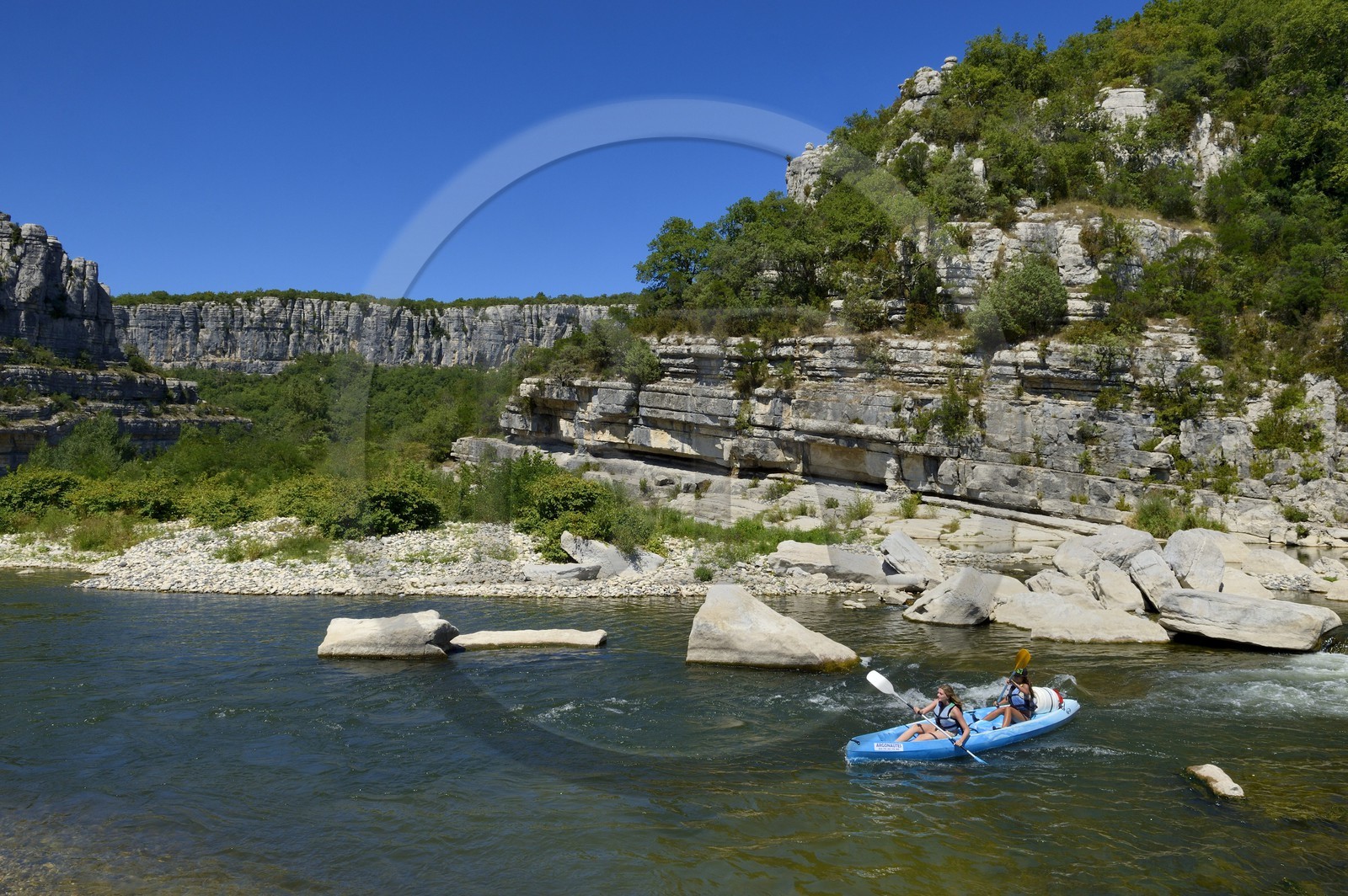 France, Ardeche, Ruoms, kayaks going down the Ardeche River in the Ruoms to Pradons Narrow Pass, cirque de Giens