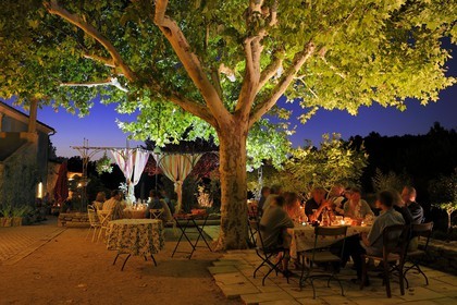 France, Var, Provence Verte (Green Provence), Bras village next to Saint Maximin, Le Peyrourier Bed & Breakfast une campagne en Provence, evening dinner on the terrace