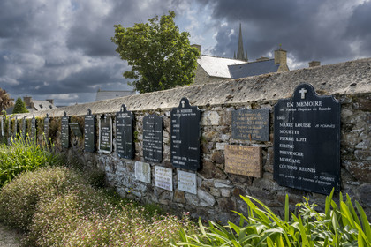 France, Cotes d'Armor, Ploubazlanec, the Wall of the Missing located within the Ploubazlanec cemetery evokes through commemorative plaques the some 120 schooners and 2000 sailors who disappeared during the cod fishing campaigns in the Icelandic Sea between 1852 and 1955