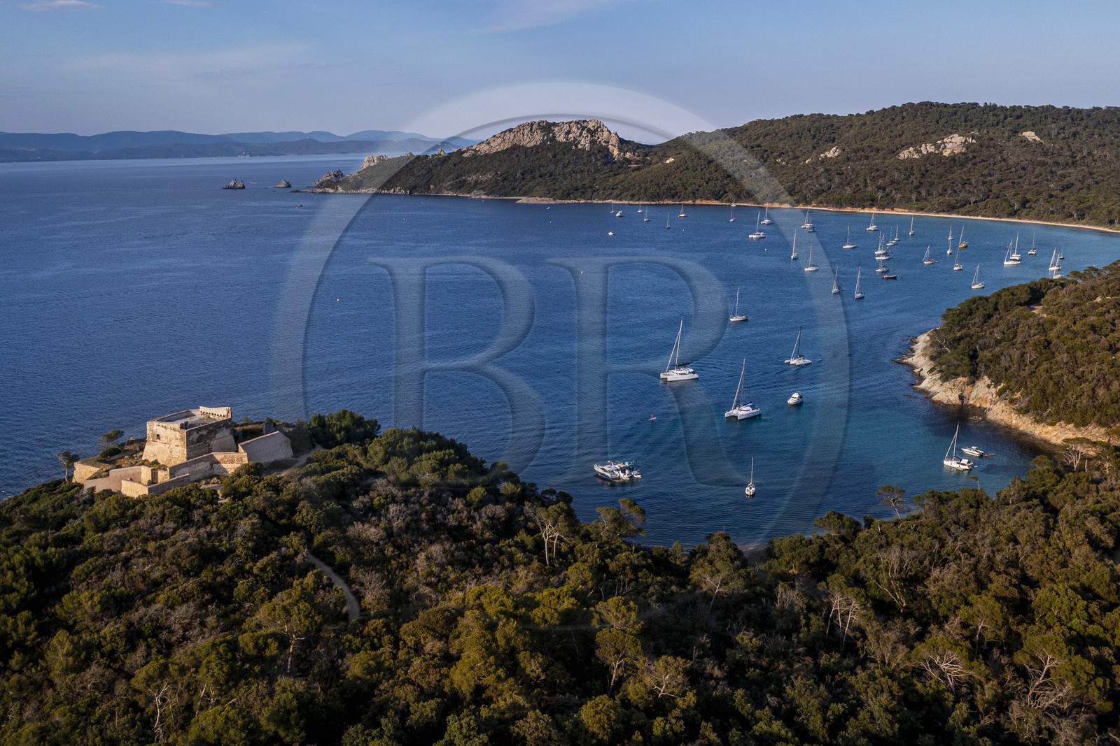 France, Var, Iles d'Hyeres, Parc National de Port Cros (National park of Port Cros), Porquerolles island, the Alycastre Fort with an exterior wall star shaped (aerial view)