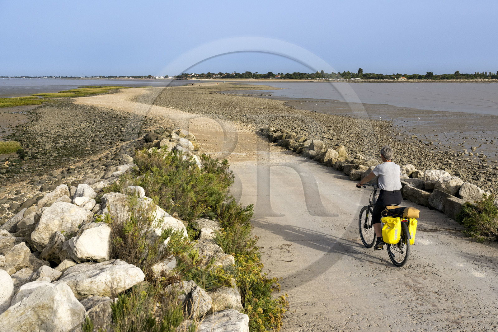 France, Charente-Maritime (17), Port-des-Barques, cycliste en randonnée, le tombolo de la Passe aux Boeufs qui relie l'Ile Madame au continent (vue aérienne)