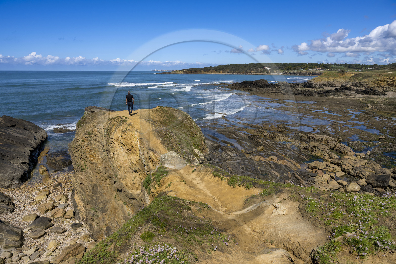 France, Vendée (85), Talmont-Saint-Hilaire, vue sur la baie de Cayola et Les Sables d'Olonne en arrière plan depuis la pointe du Porteau