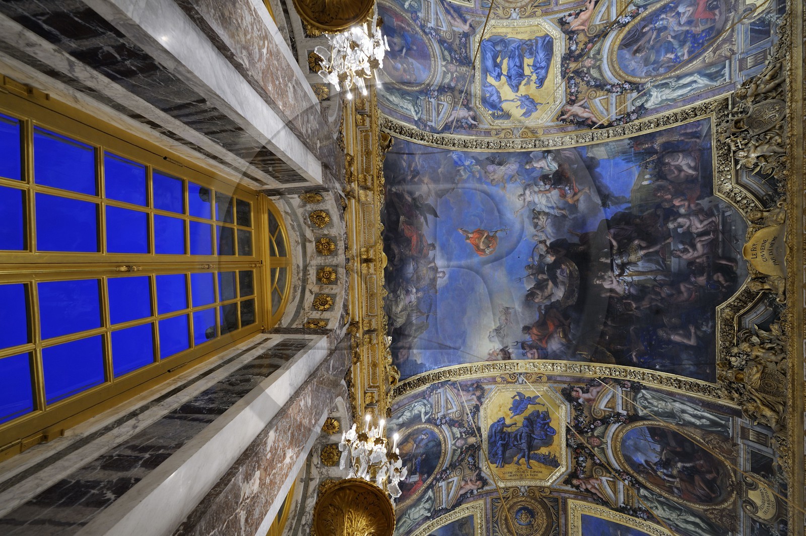 France, Yvelines, Chateau de Versailles, listed as World Heritage by UNESCO, Galerie des Glaces (Hall of Mirrors), architect Jules Hardouin Mansart (1678-1684), detail of the ceiling