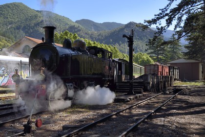 France, Alpes-Maritimes (06), Puget Théniers, le Train des Pignes entre en gare