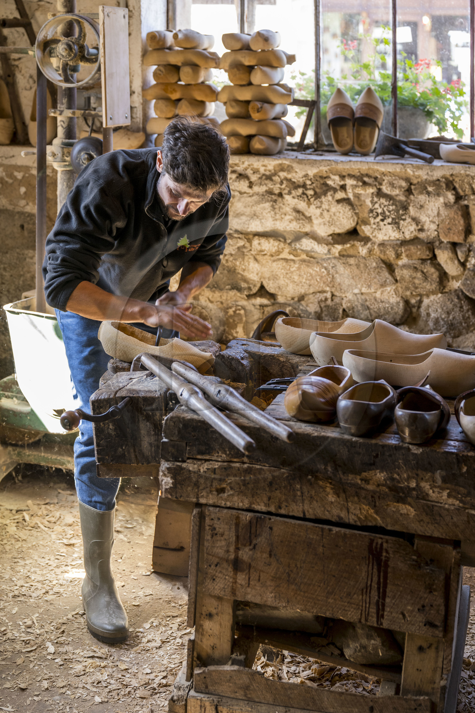 France, Nievre, Regional Natural Park of Morvan, Gouloux,  Marchand establishment (sawmill, clog making and woodworking), Pierre Marchand in the clog making workshop