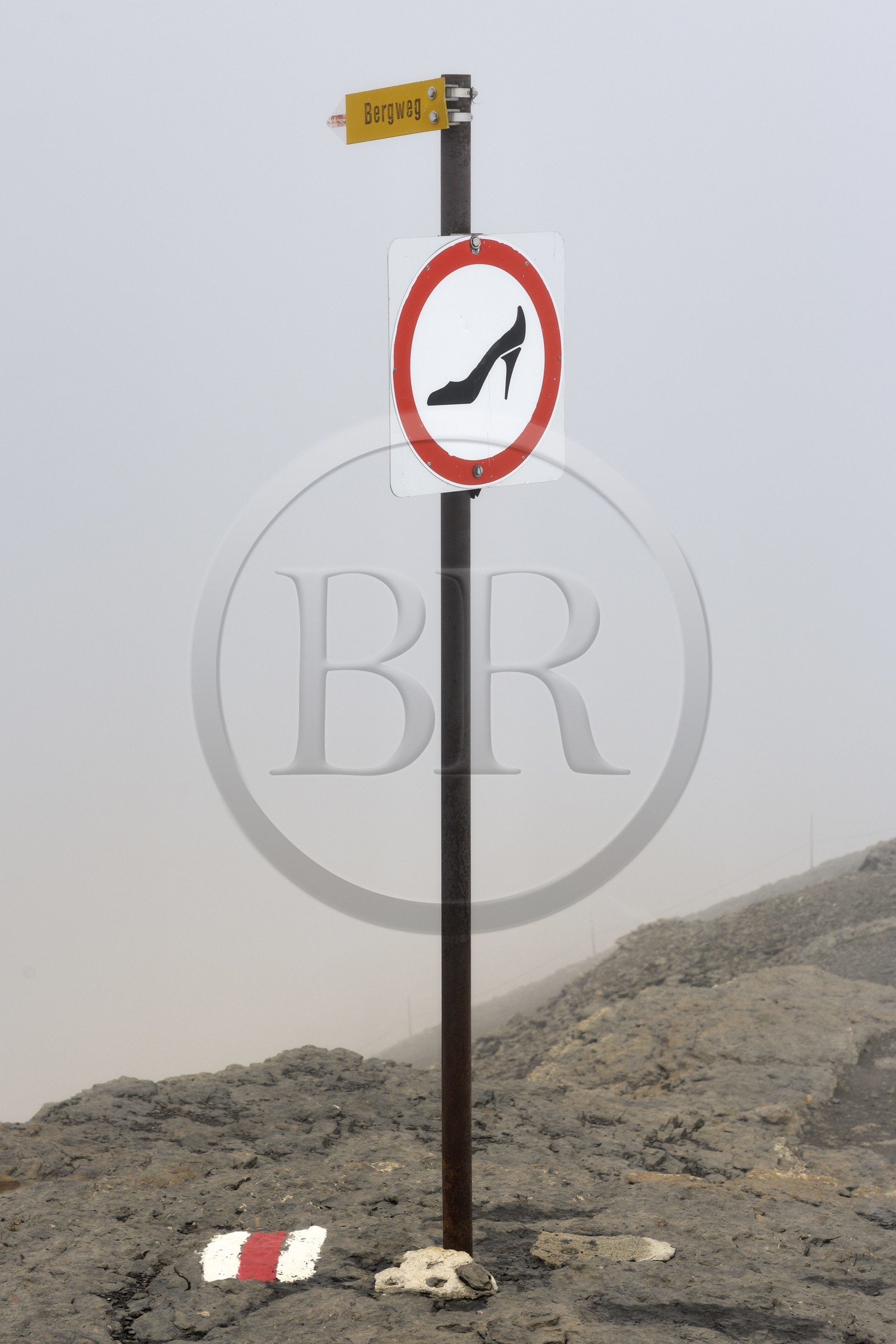 Switzerland, Canton of Bern, Bernese Oberland, Murren, it is forbidden to wear high heels on the Bergweg (mountain path)