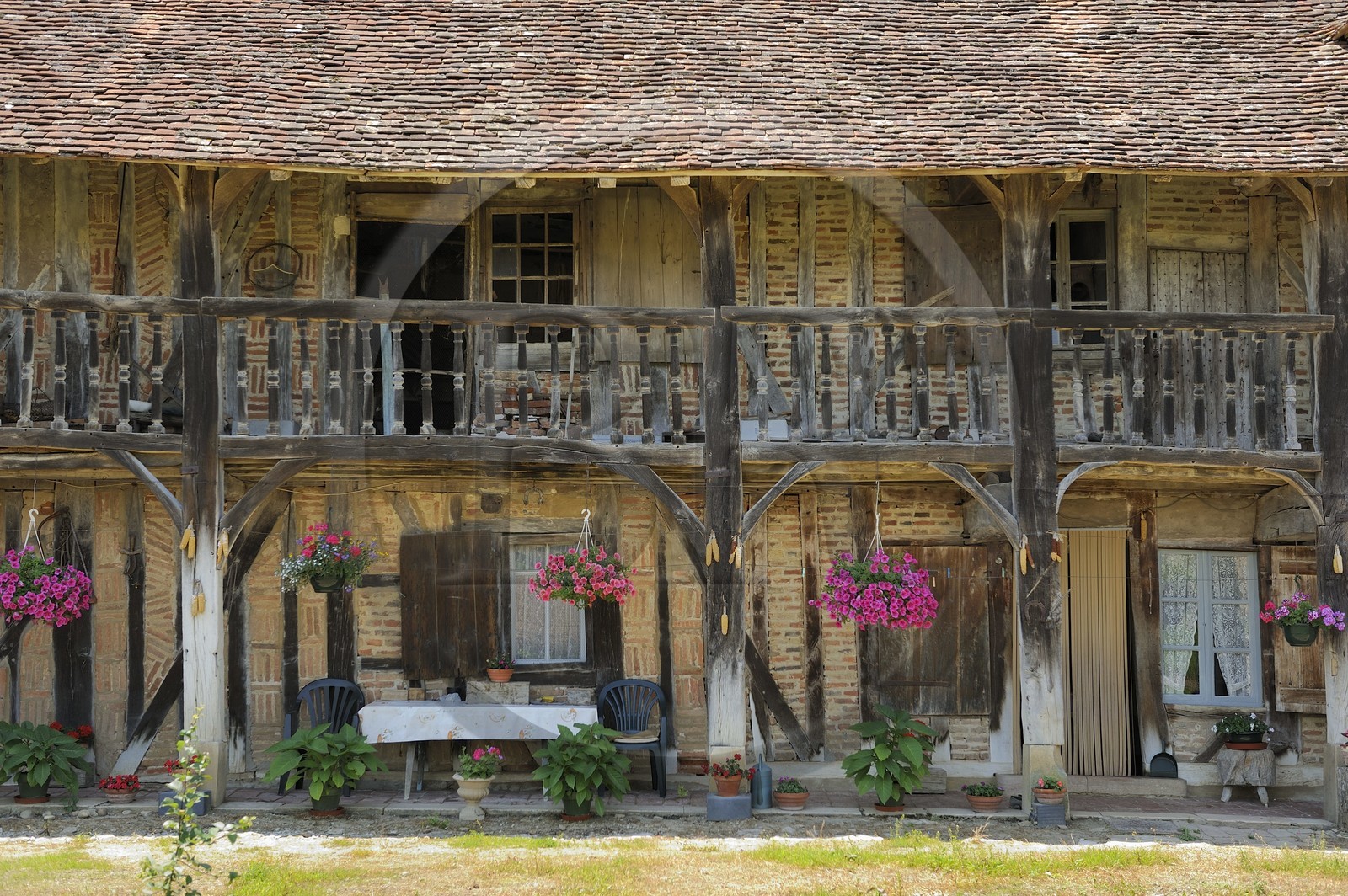 France, Saône et Loire (71), village de Juif, La Grosse Grange ferme bressane traditionnelle à étage et colombage