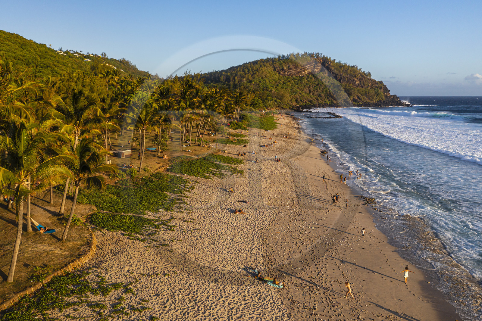 France, Reunion island (French overseas department), Petite-Ile on the southern coast, Grande Anse white sand beach at the foot of the Grande-Anse peak (aerial view)