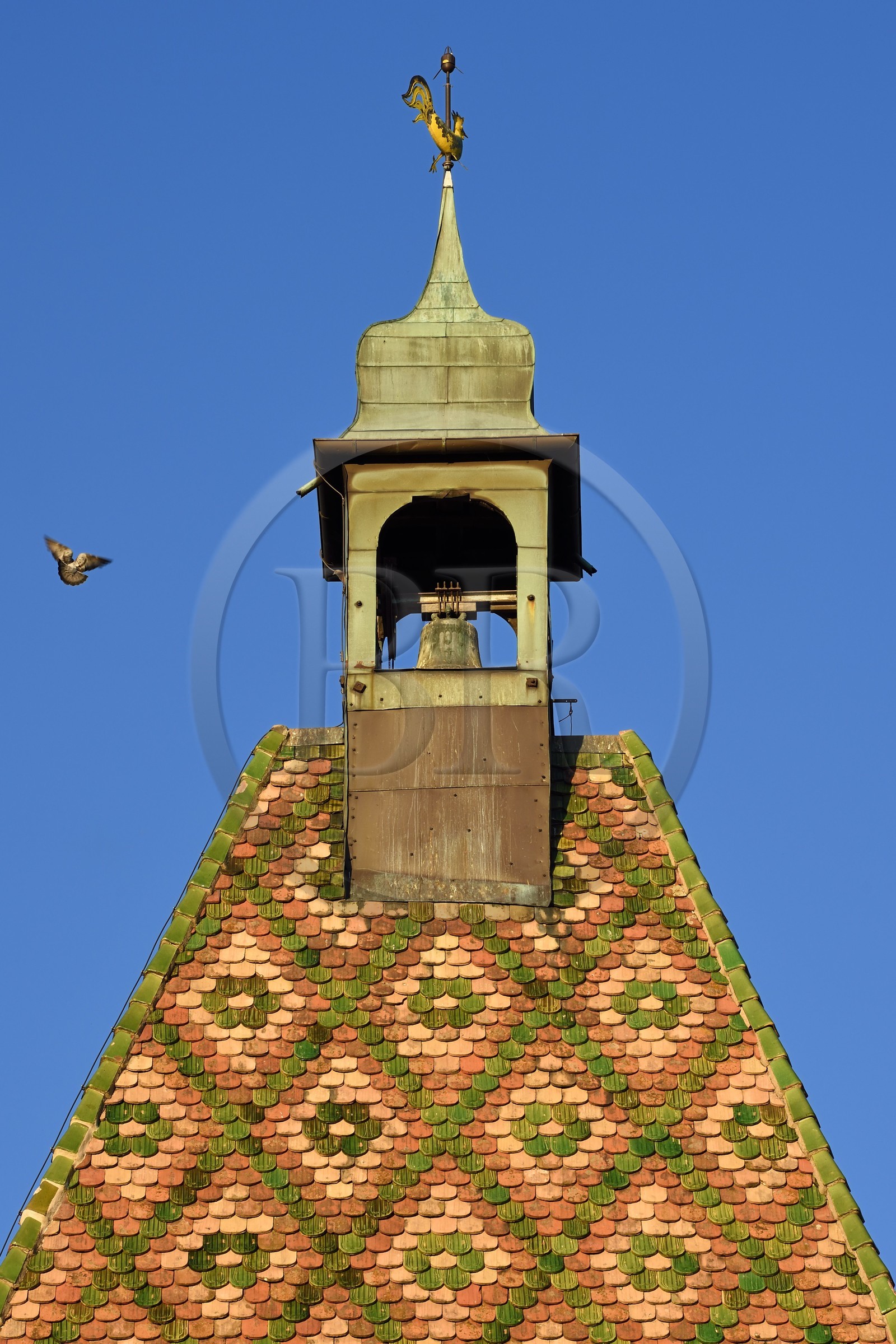 France, Haut Rhin, the Alsace Wine Route, Bergheim, varnished roof of the high gate dating from the 14th century