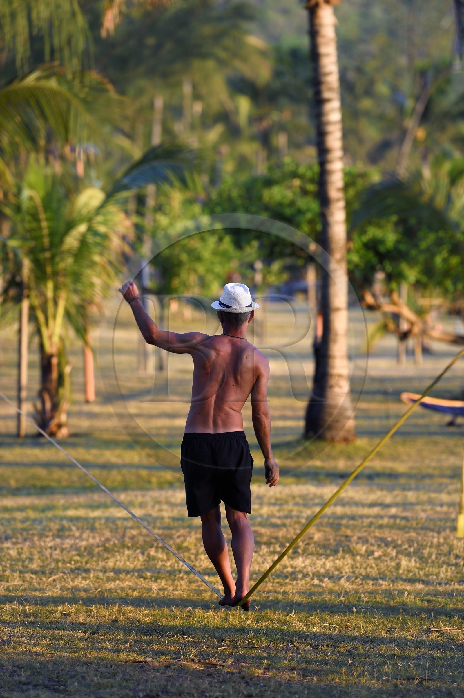 France, Reunion island (French overseas department), Petite-Ile on the southern coast, Grande Anse beach, exercise on a slackline