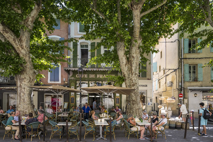 France, Vaucluse (84), L'Isle-sur-la-Sorgue, vieille ville, place de la Liberté, terrasse sous les platanes du Café de France