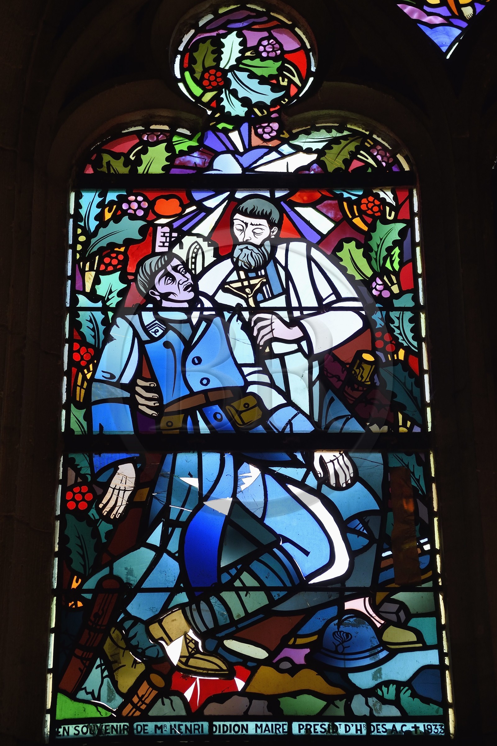 France, Meuse, Etain, St. Martin's Church, stained glass by Jacques Grüber, priest blessing a dying soldier from the world war one