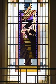 France, Allier (03), Vichy, the former Petit Casino and current Valery-Larbaud Cultural Center, Art Deco stained glass window by master glassmaker Francis Chigot representing Tragedy