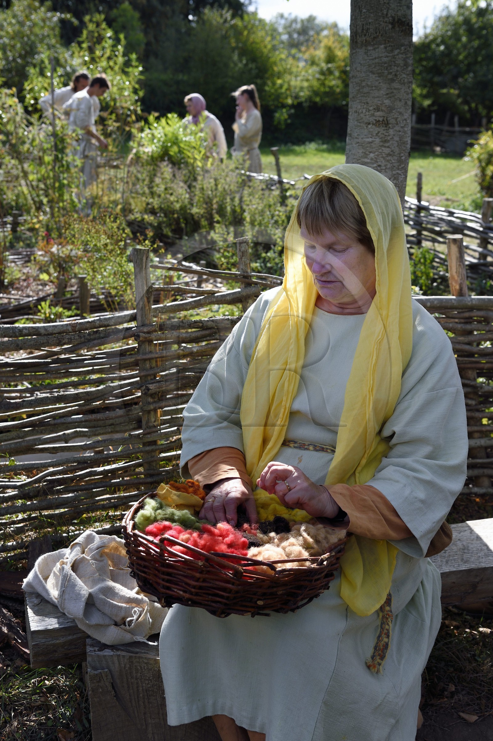 France, Calvados (14), Hérouville-Saint-Clair, Domaine de Beauregard, le parc historique Ornavik, reconstitution d'un village carolingien avec ses artisans et fermiers, travail de la laine