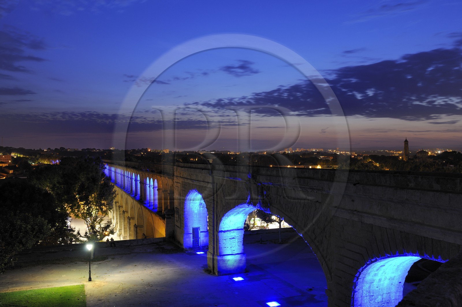 France, Herault, Montpellier, Saint Clement Aqueduct, lightinings of the artist Yann Kersale