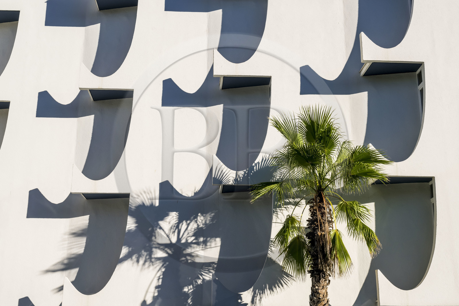 France, Herault, La Grande-Motte, labeled 20th century heritage, Levant (rising sun) district east of the port, facade of the Hotel Le Quetzal by architects Jean Balladur and Jean-Bernard Tostivint