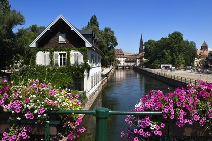 France, Bas Rhin, Strasbourg, old town listed as World Heritage by UNESCO, la Petite France District, quai du Woerthel and the Cathedral in the background