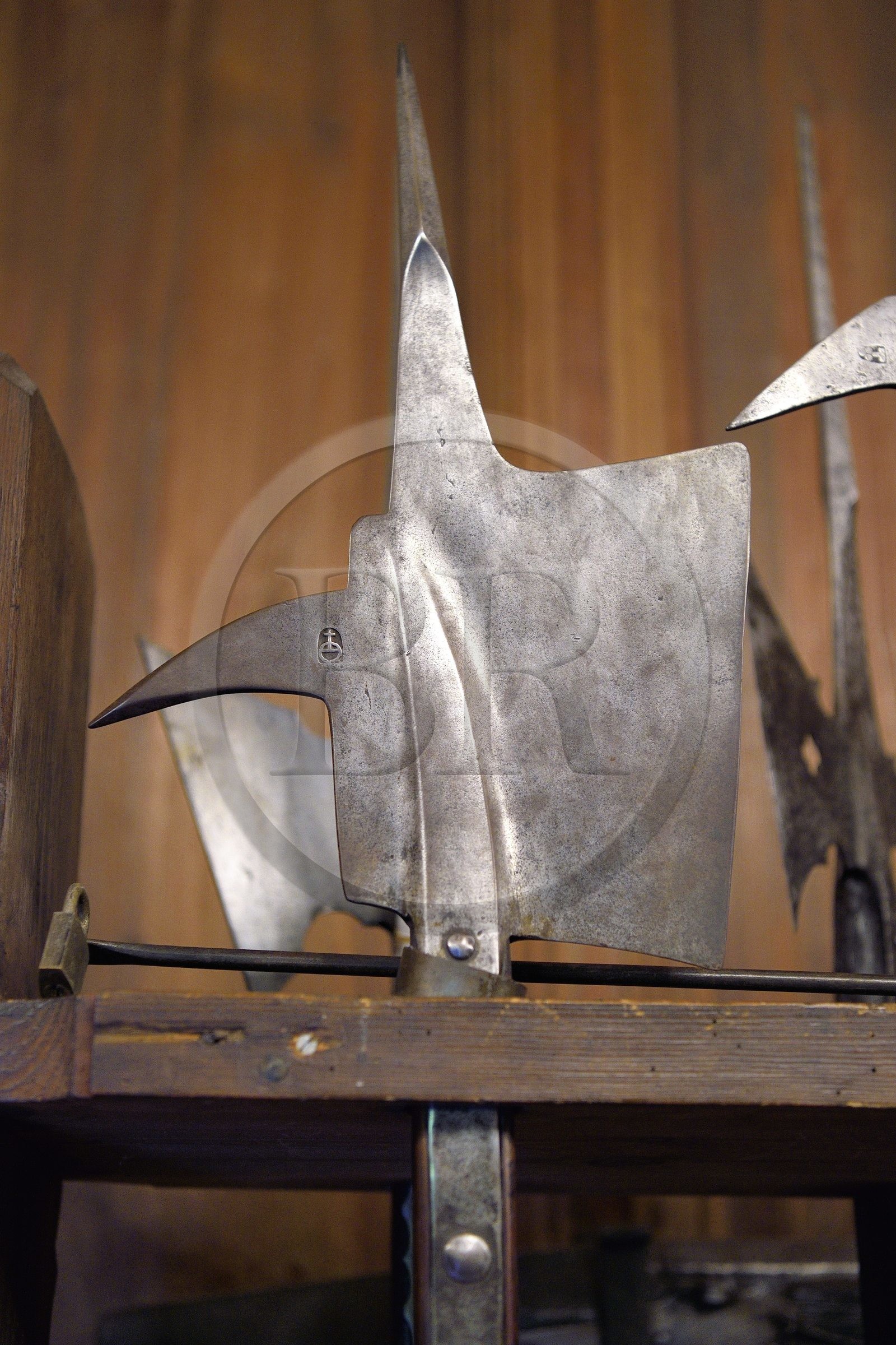 France, Bas Rhin, Orschwiller, Alsace Wine Road, Haut Koenigsbourg Castle, the arms room presents the various halberds, swords, crossbows and armors, 15th century halberd