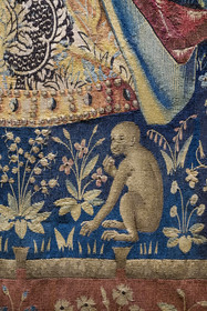 France, Paris, Musée de Cluny - Musée national du Moyen-Age (Middle Ages Museum in the former Hotel de Cluny), tapestries of the Lady and the Unicorn, the monkey in My only Desire